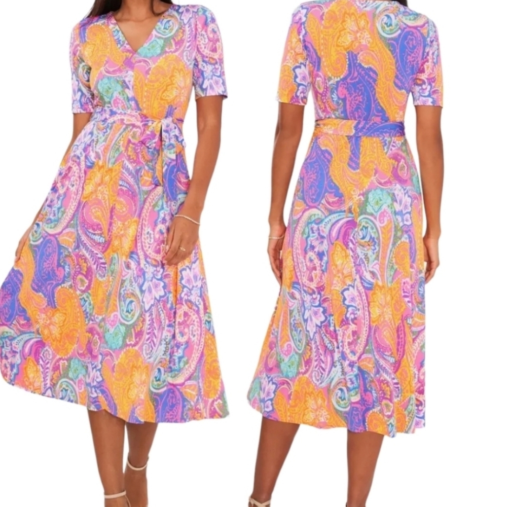 CHAUS New York Multicolor Floral Paisley Pattern V-Neck Boho Belted Midi Dress